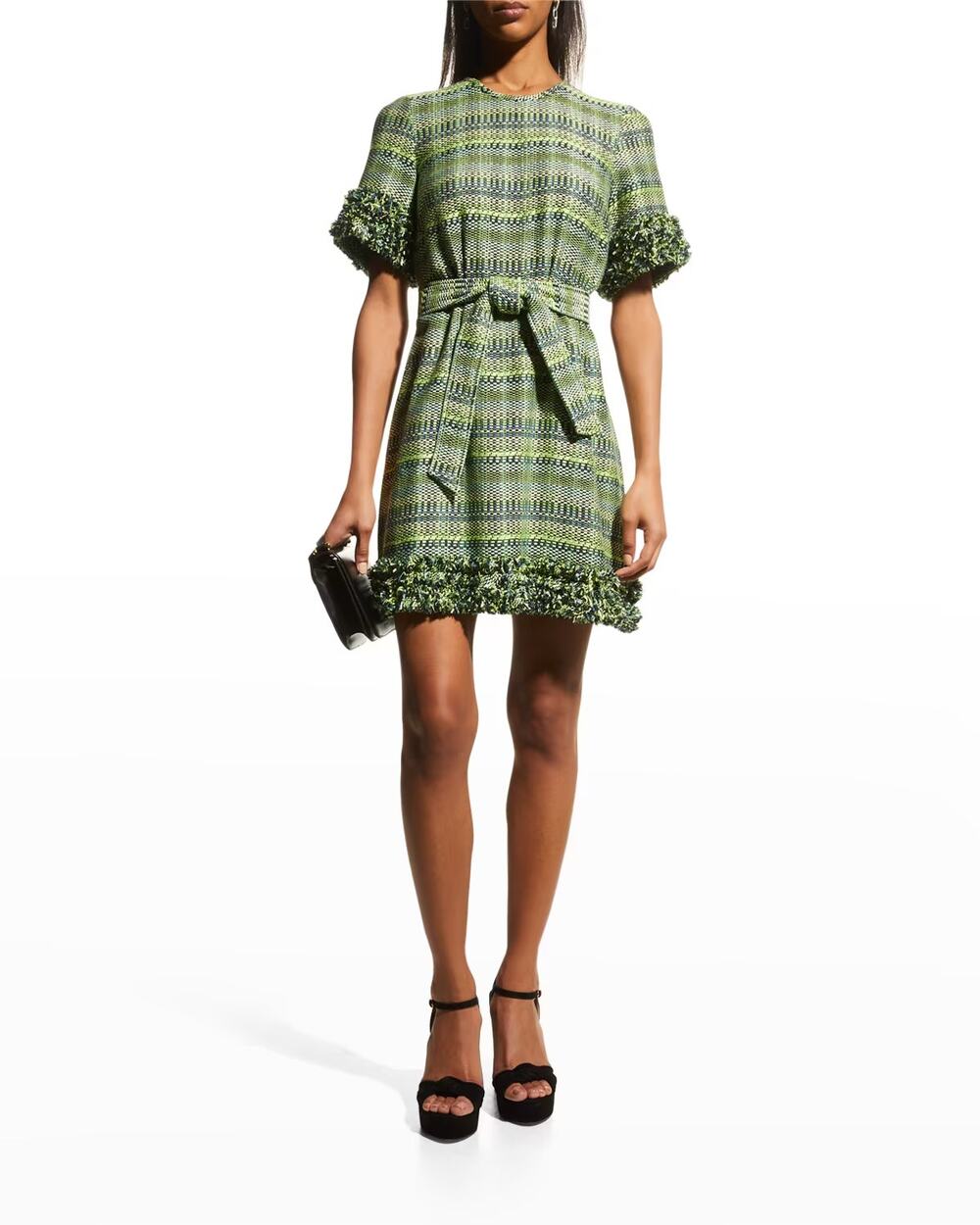 Cinq a Sept Tweed Mini Dress Fringe Belted Green Blue Cocktail Shift Tunic